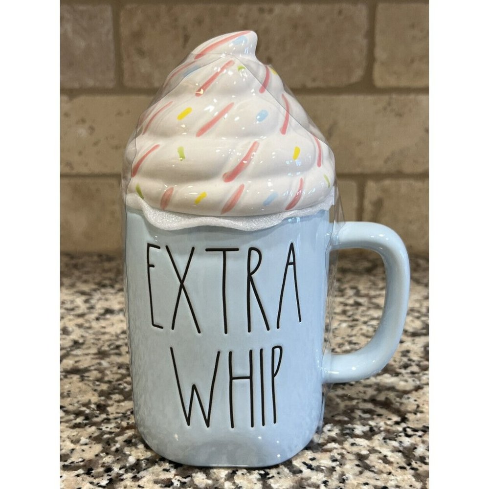 New Rae Dunn EXTRA WHIP Blue‎ Mug With Whipped Cream Topper Farmhouse